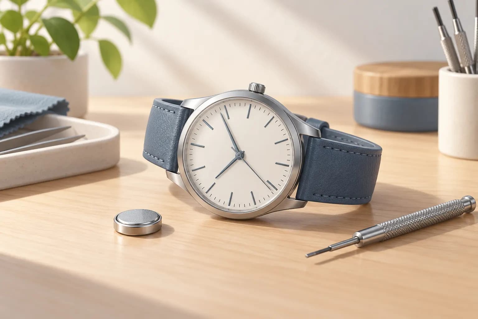 Çalışma masasında modern quartz kol saati, küçük pil ve saatçilik aracı.