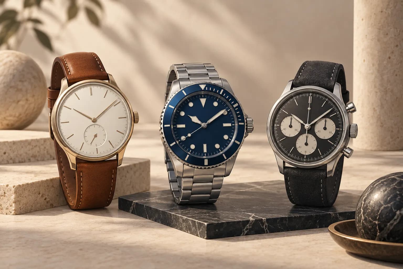 Farklı tasarımlarda üç markasız analog kol saatinin karşılaştırmalı sunumu.